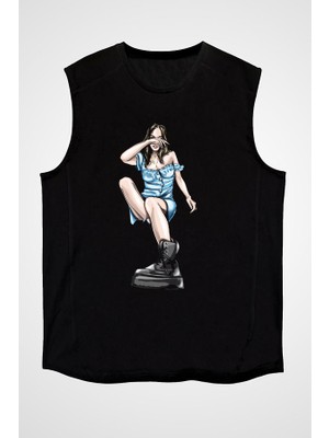 Darkhane Sokak Tarzı Girl Siyah Unisex Kolsuz Tişört Kesik Kol T-Shirt