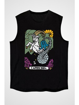 Darkhane Oğlak Burcu Siyah Unisex Kolsuz Tişört Kesik Kol T-Shirt