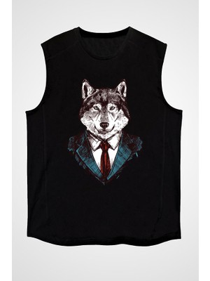 Darkhane Iş Insanı Sibirya Kurdu Husky Haski Siyah Unisex Kolsuz Tişört Kesik Kol T-Shirt