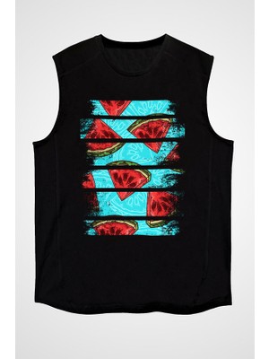Darkhane Karpuz Siyah Unisex Kolsuz Tişört Kesik Kol T-Shirt