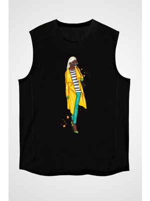 Darkhane Sarı Trençkot Fashion Siyah Unisex Kolsuz Tişört Kesik Kol T-Shirt