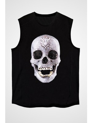 Darkhane Pırlanta Taşlı Kurukafa  Siyah Unisex Kolsuz Tişört Kesik Kol T-Shirt