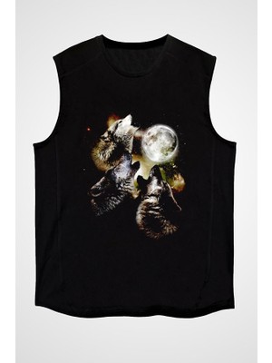 Darkhane Uluyan Kurtlar Siyah Unisex Kolsuz Tişört Kesik Kol T-Shirt