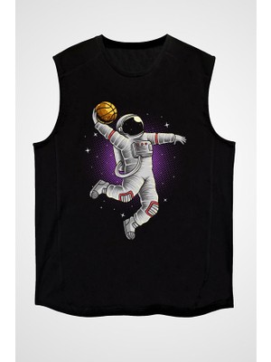 Darkhane Basketbolcu Smaç Astronot Siyah Unisex Kolsuz Tişört Kesik Kol T-Shirt