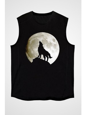 Darkhane Uluyan Kurt Siyah Unisex Kolsuz Tişört Kesik Kol T-Shirt