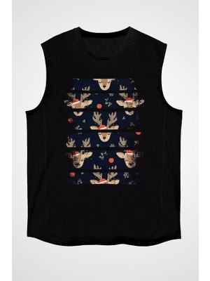 Darkhane Uyuyan Geyik Siyah Unisex Kolsuz Tişört Kesik Kol T-Shirt