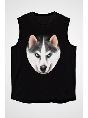 Darkhane Sibirya Kurdu Husky Haski Portresi Siyah Unisex Kolsuz Tişört Kesik Kol T-Shirt