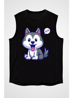 Darkhane Yavru Şirin Sibirya Kurdu Husky Haski Siyah Unisex Kolsuz Tişört Kesik Kol T-Shirt