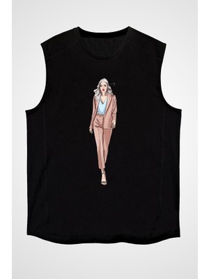 Darkhane Iş Kadını Tarzı Siyah Unisex Kolsuz Tişört Kesik Kol T-Shirt