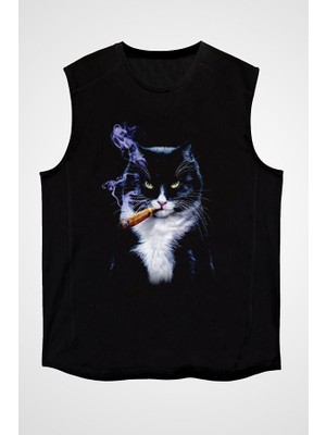 Darkhane Puro Içen Karizmatik Kedi Siyah Unisex Kolsuz Tişört Kesik Kol T-Shirt