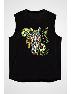 Darkhane Renkli Tasarım At Siyah Unisex Kolsuz Tişört Kesik Kol T-Shirt