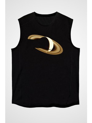 Darkhane Satürn Siyah Unisex Kolsuz Tişört Kesik Kol T-Shirt