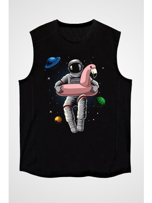 Darkhane Pelikan Can Simidi ve Astronot Siyah Unisex Kolsuz Tişört Kesik Kol T-Shirt