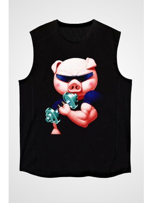 Darkhane Kaslı Domuzcuk Siyah Unisex Kolsuz Tişört Kesik Kol T-Shirt