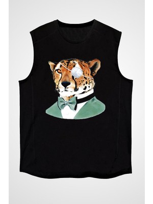 Darkhane Tek Gözlü Çita Siyah Unisex Kolsuz Tişört Kesik Kol T-Shirt