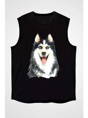 Darkhane Sibirya Kurdu Husky Haski Sevgisi Siyah Unisex Kolsuz Tişört Kesik Kol T-Shirt