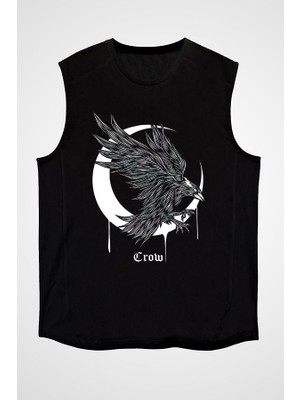 Darkhane Karga ve Ay Siyah Unisex Kolsuz Tişört Kesik Kol T-Shirt