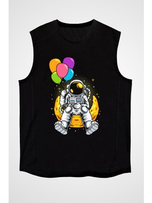 Darkhane Balon Tutan Astronot Siyah Unisex Kolsuz Tişört Kesik Kol T-Shirt