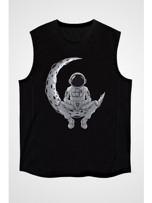 Darkhane Ayda Dinlenen Astronot Siyah Unisex Kolsuz Tişört Kesik Kol T-Shirt