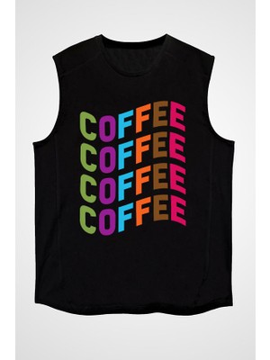 Darkhane Renkli Kahve Logosu Siyah Unisex Kolsuz Tişört Kesik Kol T-Shirt