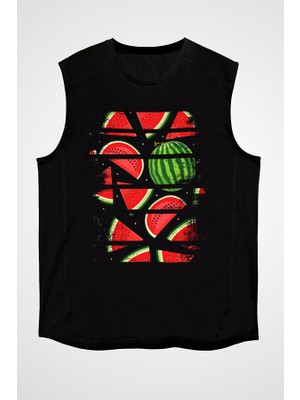 Darkhane Karpuz Siyah Unisex Kolsuz Tişört Kesik Kol T-Shirt