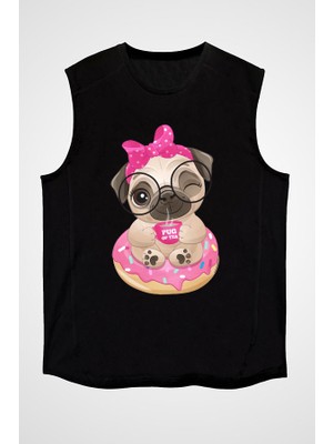 Darkhane Donut Üstünde Oturan Küçük Pug Siyah Unisex Kolsuz Tişört Kesik Kol T-Shirt