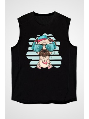 Darkhane Şirin Kulaklıklı Pug Siyah Unisex Kolsuz Tişört Kesik Kol T-Shirt