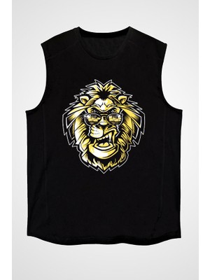 Darkhane Karizmatik Kral Aslan Siyah Unisex Kolsuz Tişört Kesik Kol T-Shirt