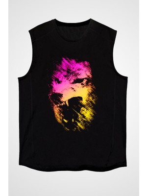 Darkhane Renkli Kurt Siyah Unisex Kolsuz Tişört Kesik Kol T-Shirt