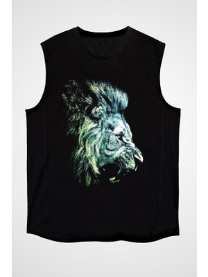 Darkhane Yeşil Kükreyen Aslan Siyah Unisex Kolsuz Tişört Kesik Kol T-Shirt