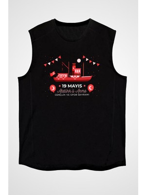 Darkhane 19 Mayıs Gençlik ve Spor Bayramı Bandırma Siyah Unisex Kolsuz Tişört Kesik Kol T-Shirt