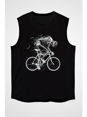 Darkhane Bisikletçi Kedi Siyah Unisex Kolsuz Tişört Kesik Kol T-Shirt