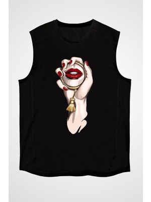 Darkhane El Aynası ve Makyaj Fashion Siyah Unisex Kolsuz Tişört Kesik Kol T-Shirt