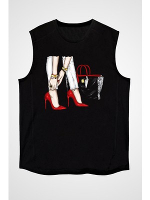 Darkhane Kırmızı Stiletto ve Çanta Fashion Siyah Unisex Kolsuz Tişört Kesik Kol T-Shirt
