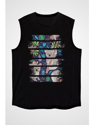 Darkhane Sevimli Koala Siyah Unisex Kolsuz Tişört Kesik Kol T-Shirt