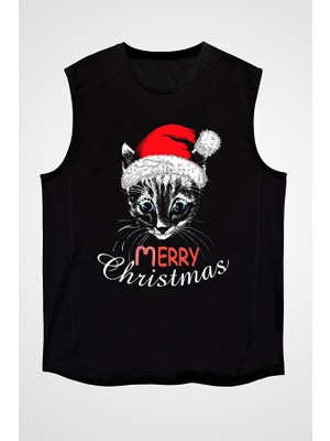 Darkhane Yılbaşı Yeni Yıl Noel Kedi Siyah Unisex Kolsuz Tişört Kesik Kol T-Shirt