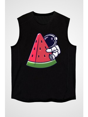 Darkhane Karpuz Dilimi ve Sevimli Astronot Siyah Unisex Kolsuz Tişört Kesik Kol T-Shirt