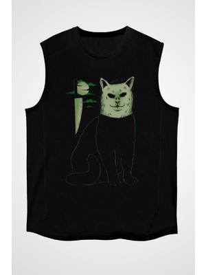 Darkhane Katil Kedi Siyah Unisex Kolsuz Tişört Kesik Kol T-Shirt