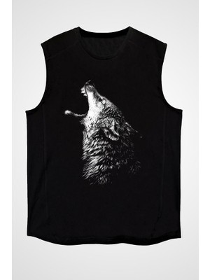 Darkhane Uluyan Kurt Siyah Unisex Kolsuz Tişört Kesik Kol T-Shirt