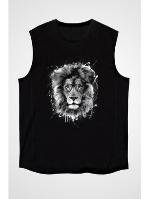 Darkhane Gözlüklü Aslan Siyah Unisex Kolsuz Tişört Kesik Kol T-Shirt