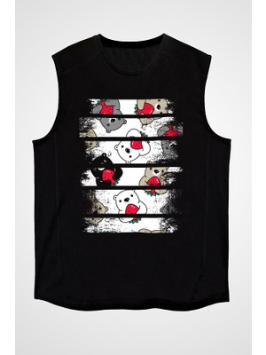 Darkhane Çilekli Ayıcıklar Siyah Unisex Kolsuz Tişört Kesik Kol T-Shirt
