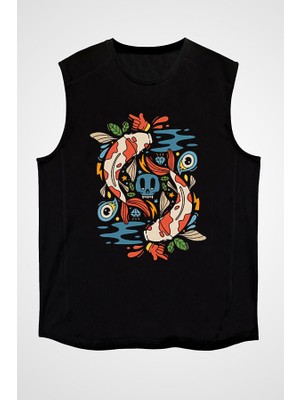 Darkhane Balık Burcu Siyah Unisex Kolsuz Tişört Kesik Kol T-Shirt