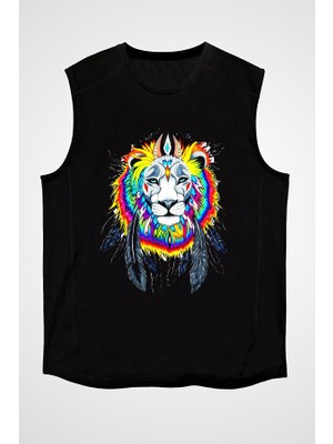 Darkhane Renkli Şef Aslan Siyah Unisex Kolsuz Tişört Kesik Kol T-Shirt
