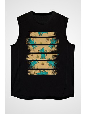 Darkhane Eğlenceli Kurt Siyah Unisex Kolsuz Tişört Kesik Kol T-Shirt