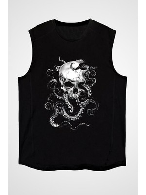 Darkhane Kurukafa ve Ahtapot Siyah Unisex Kolsuz Tişört Kesik Kol T-Shirt