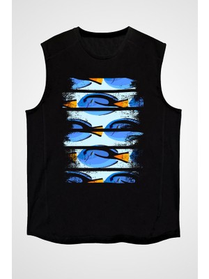Darkhane Tang Cerrah Balığı Siyah Unisex Kolsuz Tişört Kesik Kol T-Shirt