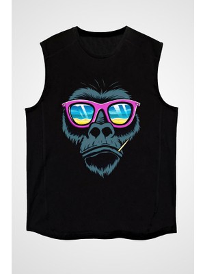 Darkhane Gözlüklü Goril Siyah Unisex Kolsuz Tişört Kesik Kol T-Shirt