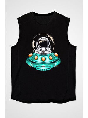 Darkhane Uzay Gemisi Kullanan Astronot Siyah Unisex Kolsuz Tişört Kesik Kol T-Shirt