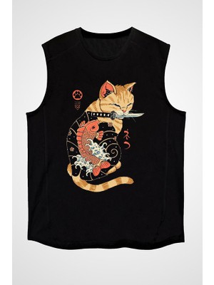 Darkhane Geyşa Kedi Siyah Unisex Kolsuz Tişört Kesik Kol T-Shirt