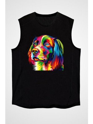 Darkhane Renkli Köpek Siyah Unisex Kolsuz Tişört Kesik Kol T-Shirt